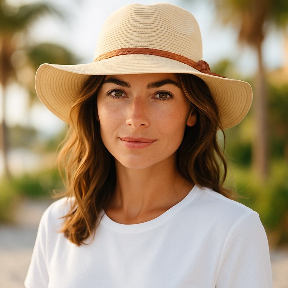 D&Y Straw Sun Hat 3.5" Wide Brim Packable Travel Beach Hike Cruise Women Tan